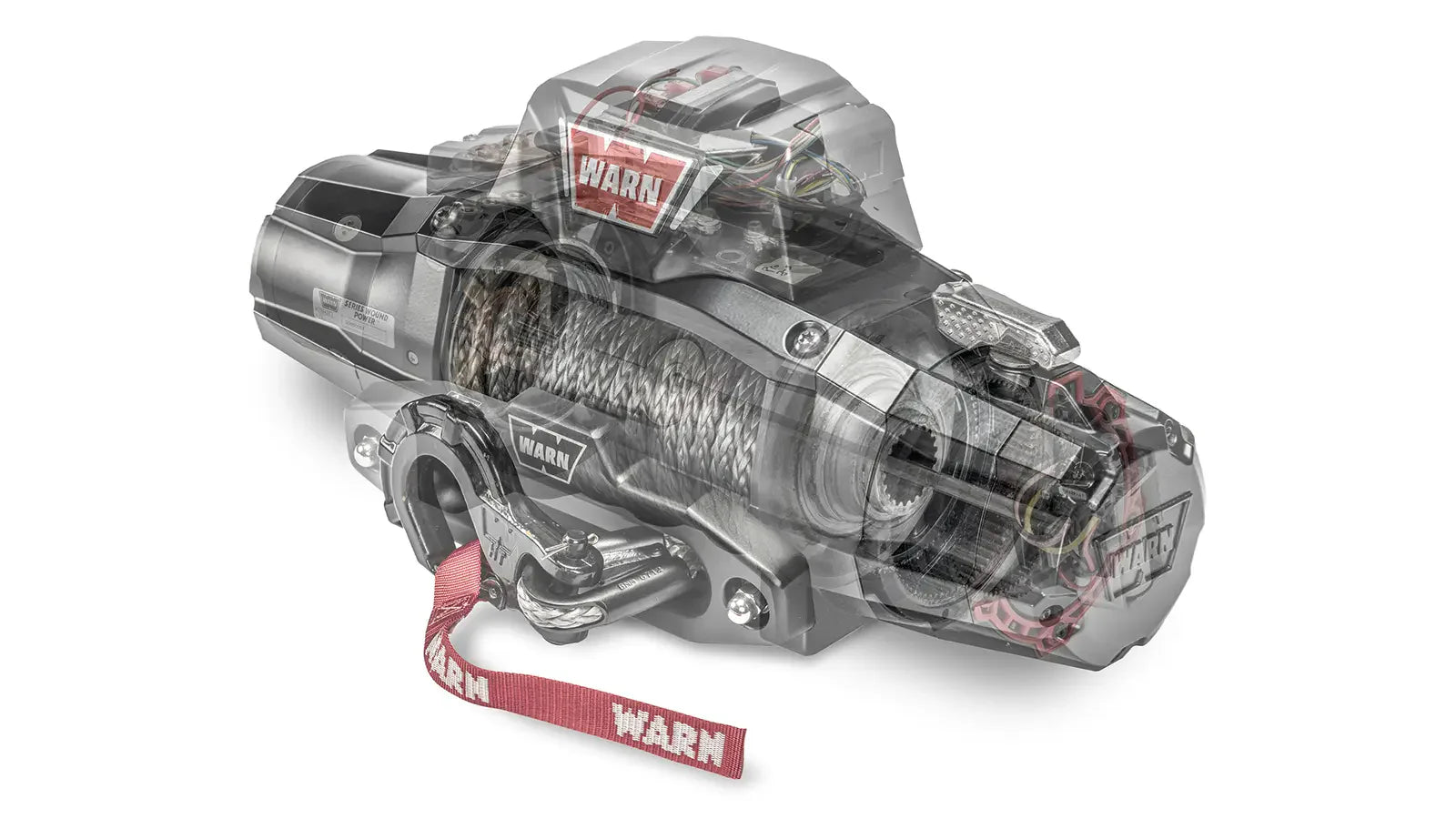 Warn winch with red accents on a white background 10 000 lbs zeon offroad