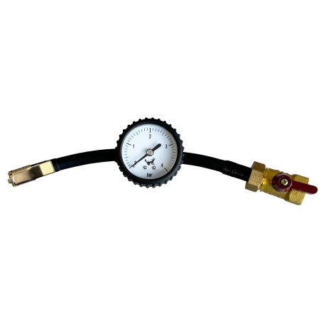A manual nitrogen regulator with a black gauge, black hose, brass fittings, and a red valve handle Badger Tyre Deflator Clip On Type bar
