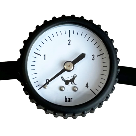  a black gauge, black hose, brass fittings, and a red valve handle Badger Tyre Deflator Clip On Type bar