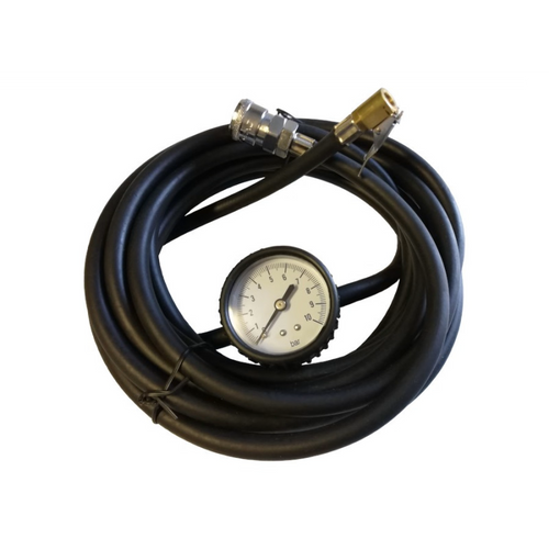 A coiled black rubber hose with a round pressure gauge and metal connector fittings, bar